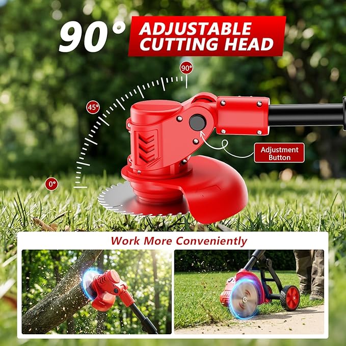 Electric Weed Wacker Cordless, 4000mAh Weed Eater Battery Powered with Wheel, 4 in 1 Grass Trimmer/Heavy Duty Brush Cutter/Lawn Edger/Weed Trimmer, No String Trimmer with Blade, 2 Battery Garden Tool