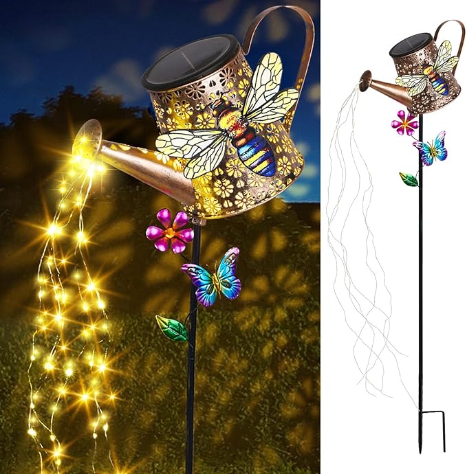 Solar Watering Can with Lights Outdoor Garden, 41in Large Bee Garden Stake Lights, Waterproof Decoration for Yard Lawn Pathway, for Mom Grandma Women Birthday Gardening Gift