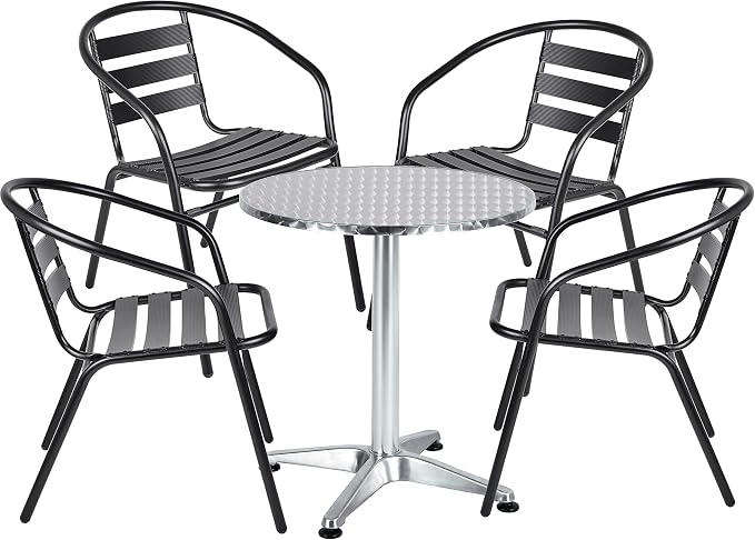 BTEXPERT Indoor Outdoor Restaurant Stainless Steel Aluminum Metal Slat Stack Lightweight, 4 Chairs with a 27.5" Round Table, Silver/Black