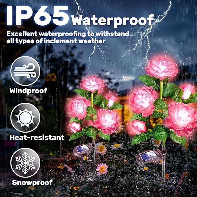 Anordsem Solar Garden Lights Outdoor: 20 Artificial Fabric Pink Roses Flowers 4 Pack- LED Flower Decorations for Cemetery Grave Pathway Yard- Valentine's Day Gifts for Women, Wife and Mother