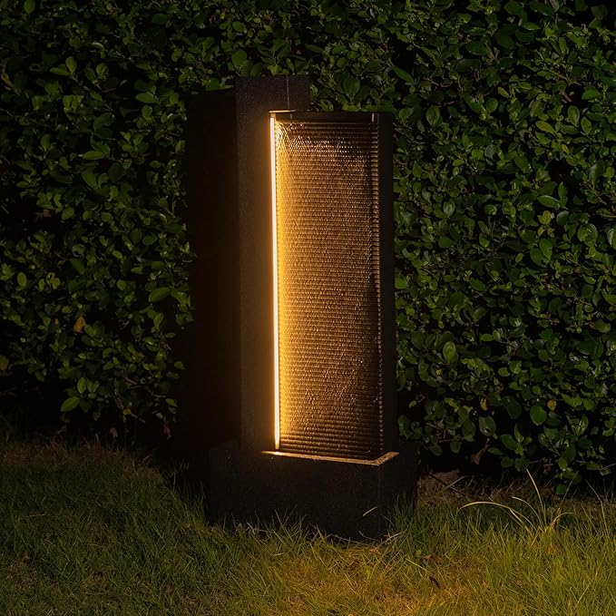 39.76" H Outdoor Water Fountain Made with Eco-Friendly Recyclable Materials, Polyethylene Modern Waterfall Water Fountain Outdoor, Garden Decor with LED Light & Pump for Patio, Porch, Backyard