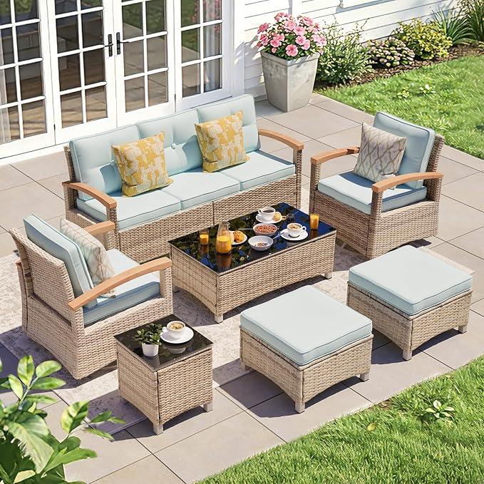 MEISSALIVVE 7 Pieces Patio Furniture Sets,Wicker Patio Conversation Sets with 2 Wood Armrests Swivel Glide Chairs, 2 Ottoman, 3-seat Sofa and Coffee Table (Blue)