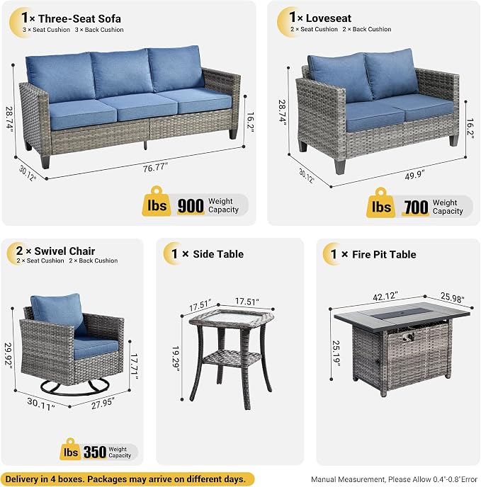 ovios 6 Pieces Patio Furniture Set with Rectangular Fire Pit Table, Swivel Rocking Chairs, Loveseat, Outdoor High Back Wicker Rattan Conversation Set for Deck Porch, Denim Blue