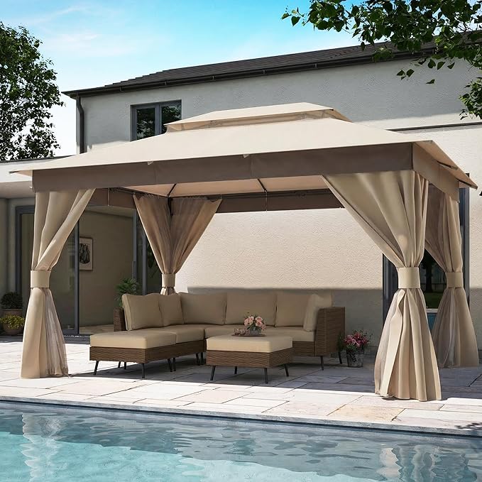 LAUSAINT HOME 10'x13' Outdoor Gazebo, Upgraded Metal Frame Heavy Duty Patio Canopy Tent Shelter with Double Roofs, Mosquito Nettings and Privacy Screens for Backyard, Garden, Lawn, Khaki