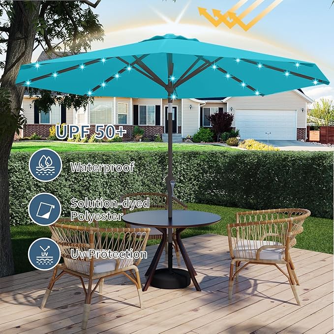 9FT Patio Umbrella with Solar Lights,Outdoor Market Umbrella with Tilt and Crank, LED Lighted Table Umbrella for Garden,Deck,Backyard,Pool,Beach (Light Blue)