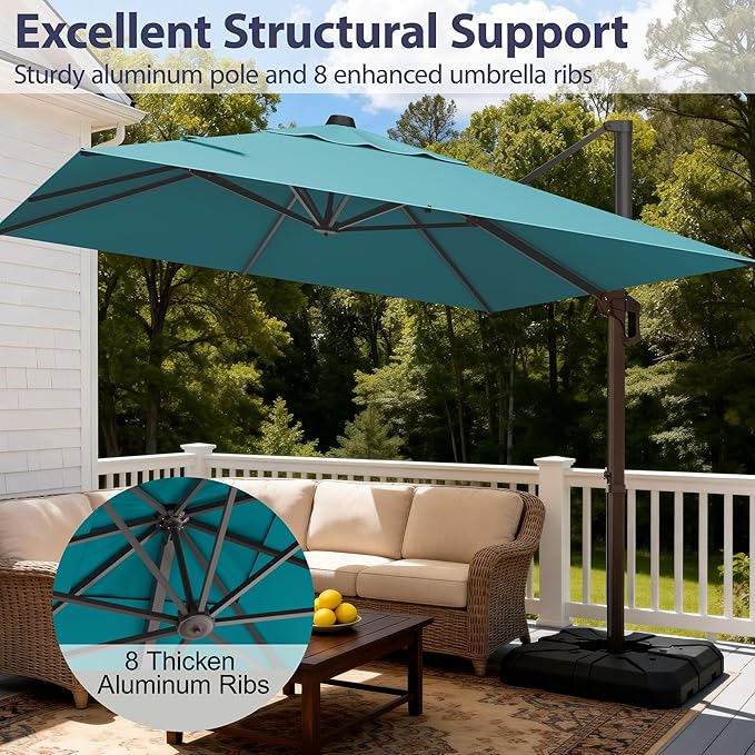 9' X 12' Cantilever Patio Umbrella Rectangle Outdoor Umbrella with Base Included, 6-Level Tilt & 360° Rotation Offset Umbrella for Garden, Deck, Pool (Turquoise)