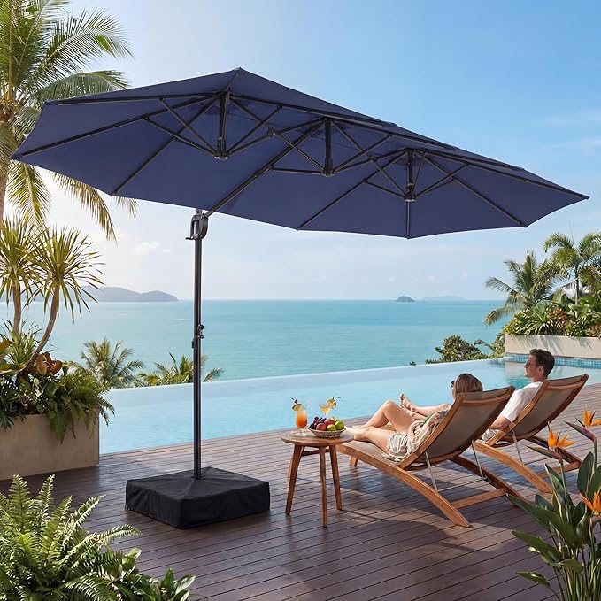 COSIEST 8 * 13FT Cantilever Patio Umbrella with Base,Large Rectangle Offset Umbrella，Heavy Duty Double-Sided Table Market Umbrella for Garden, Pool, Deck Shade, Navy Blue