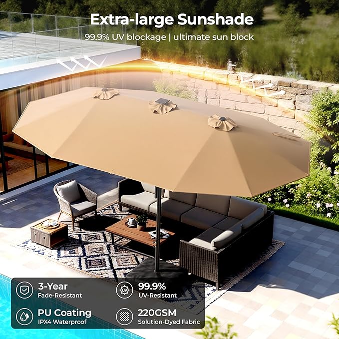 HOMSHADE 15FT Motorized Electric Large Patio Umbrella with Base and Solar Lights Outdoor, Double-Sided Rectangle Umbrella with Remote Control, 30° Auto-Open for Pool Deck Table Market Backyard, Beige