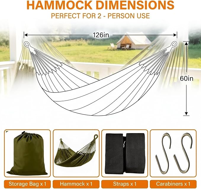 Handwoven Mayan Hammock with Carry Bag, 2 Person Family Size Cotton Nylon Rope Hammock, 500 lb Capacity, Portable Handmade Hammock for Camping, Backyard, Porch, Indoor Outdoor Use