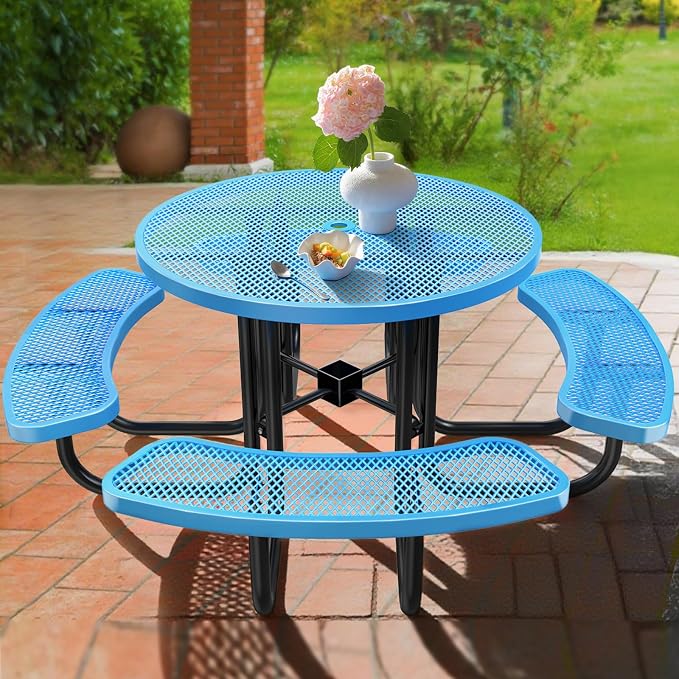 Ceridwen Heavy Duty Picnic Table with 4 Benches, Expanded Metal Steel Mesh Outdoor Patio Dining Table Bench Set with Umbrella Hole,Outdoor Patio Dining Table for Garden (Round, Blue, 46FT)