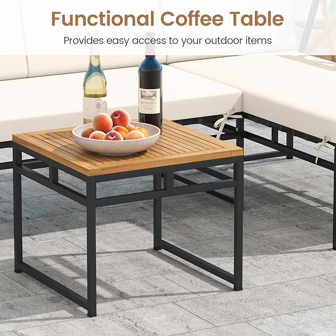 Tangkula 3 Pieces L-Shaped Outdoor Furniture Set, Acacia Wood Patio Sectional Cushioned Conversation Sofa with Square Coffee Table, for Porch, Backyard & Poolside (Beige)