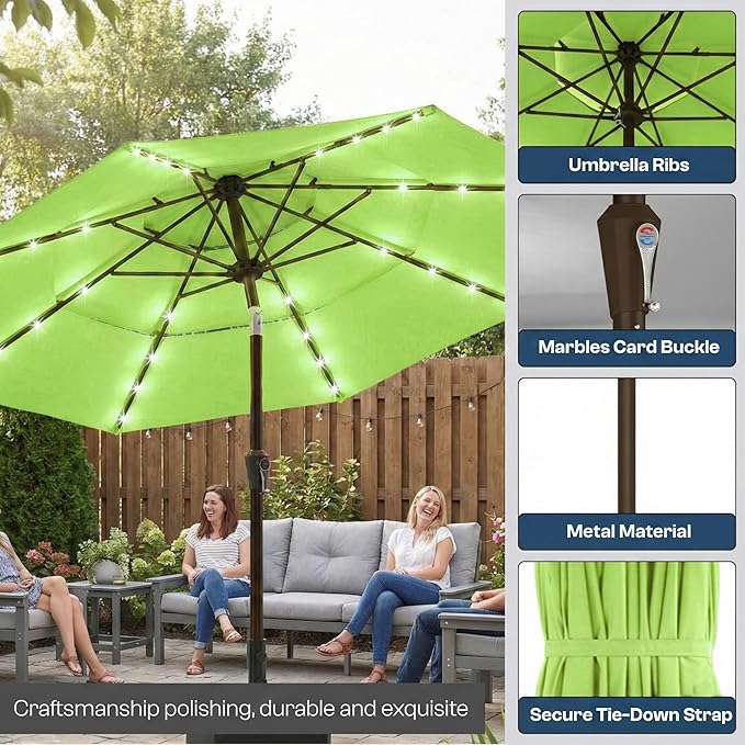 10ft 3-Tier Patio Umbrella with 32 Solar Powered LED Lights, Windproof Outdoor Market Umbrella for Deck, Poolside & Garden, Sturdy Push-Button Tilt Table Umbrella, Apple Green