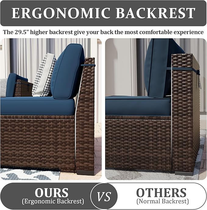 Patio Furniture Set, 5 Pieces Outdoor Sectional Sofa Set, PE Wicker Rattan Slanted Back Outdoor Conversation Set with Cushions and Glass Coffee Table, Navy Blue