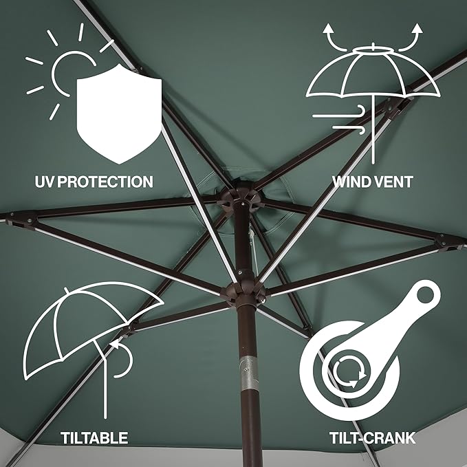 JONATHAN Y Spencer 9 ft. Solar Powered LED Patio Umbrella with Crank and Tilt, Hexagon Outdoor Market Sunshade for Garden, Deck and Pool, Green/White, Dark Brown Pole UMB1100E