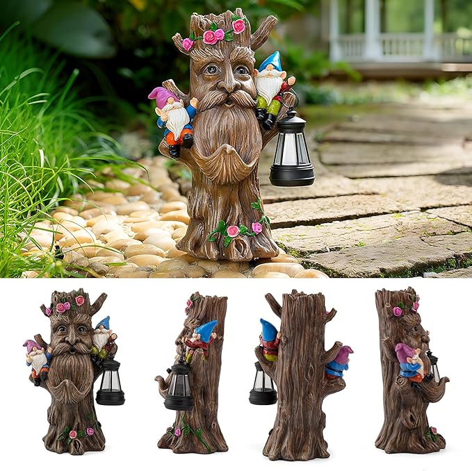 Joint Honglin Whimsical Tree Ent Garden Statue with Gnomes – Solar Powered Outdoor Decor with LED Lantern, Funny Yard Ornament for Lawn, Patio, Porch, or Garden