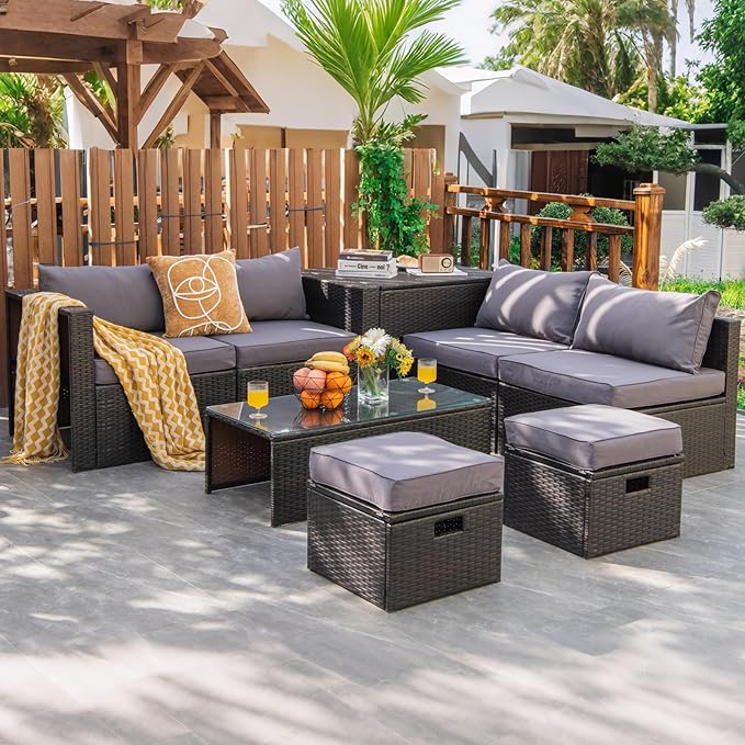 COSTWAY 8-Piece Outdoor Patio Furniture Set, Rattan Sectional Sofa, Armless Chairs, Side Table with Storage Ottoman & Glass Coffee Table, Space-Saving Conversation Set for Garden Deck (Grey)