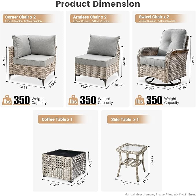 Outdoor Patio Furniture Sets, 8 PCS Patio Conversation Set Outside Rattan Sectional Sofa with Wicker Rocking Chairs Coffee Table Soft Cushion Fit Backyard Porch Garden Poolside Balcony