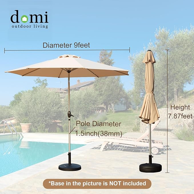 Domi 9FT Patio Umbrella Outdoor Market Umbrella with Silver Aluminum Pole, UV Resistant Canopy, Wind Vent, Tilt & Crank System, Perfect for Patio, Garden, Deck, Pool, Outdoor Dining, Beige
