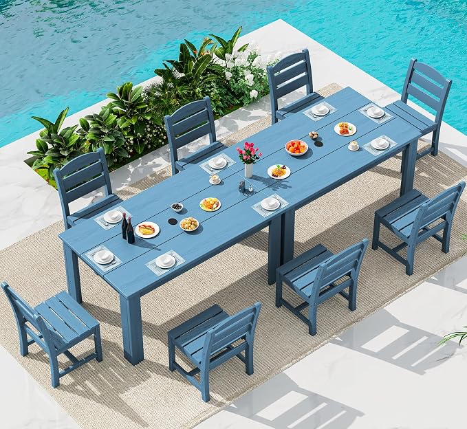 SERWALL 59" Outdoor Dining Set for 8, HDPE Dining Set, Blue | Include 2 Rectangular Tables and 8 armless Chairs, All Weather Dining Sets for Garden, Backyard