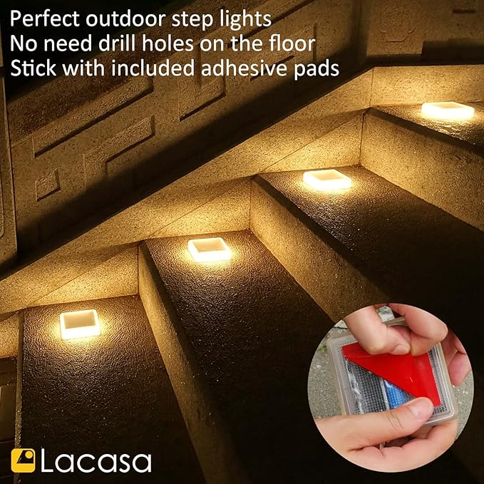 Lacasa 4 Pack Solar Deck Lights Outdoor Waterproof LED, Garden Step Lights Solar Powered Driveway Dock Marine, Dusk to Dawn Lighting for Yard Patio Pathway, Square, Warm White