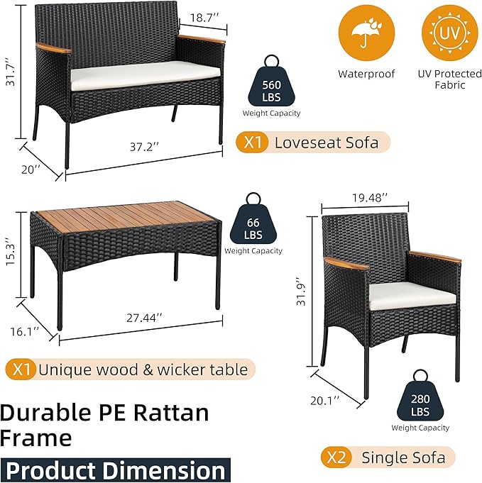 SUNLEI Multi Pieces Outdoor Patio Furniture Sets Conversation Sets Rattan Chair Wicker Set,Glass Table,Outdoor Indoor Use Backyard Porch Garden Poolside (Black, 4 PCS-White/Wood Tabletop)…