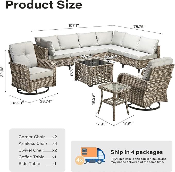 10 Pieces Outdoor Sectional Patio Furniture Set with Swivel Rocking Chairs,Wicker Conversation Sets Rattan L Shaped Couch,Modular Outdoor Sofa for Porch Balcony Backyard Grey