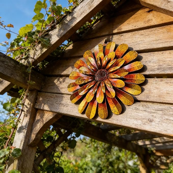 2 Pack Metal Flower Wall Decor, Hand-Painted Farmhouse Hanging Wall Art | 12 inch floral metal wall hanging with built-in hooks. Indoor & outdoor decor, garden farmhouse decoration.