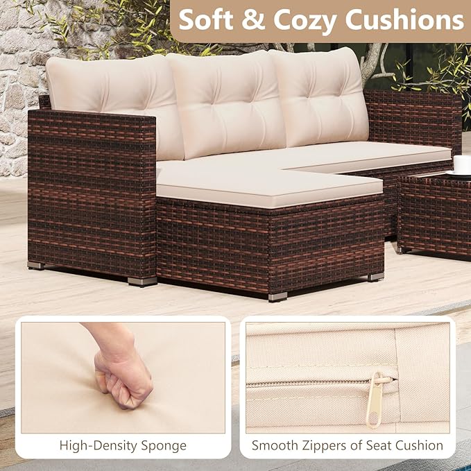 HAPPYGRILL 4-Seats Outdoor Wicker Furniture Set, L-Shaped Sectional Couch Set w/Tempered Glass Coffee Table & Soft Cushions, Patio Seating w/Left or Right Assembly for Yard, Porch
