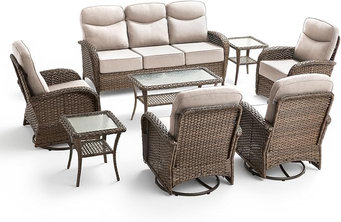8 Pieces Luxury Outdoor Patio Furniture Set with 6-Inch Thick Cushions, Wicker Outdoor Furniture with High Back Swivel Patio Chairs Set of 4, Patio Conversation Set for Deck Garden Porch, Beige
