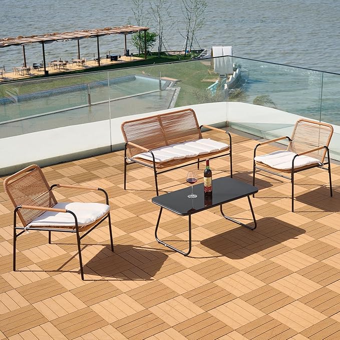4-Piece Patio Conversation Set with Cushions, Outdoor Wicker Bistro Furniture with Rectangle Tempered Glass Coffee Table, All-Weather Rattan Loveseat Chairs for Porch, Backyard, Deck, Garden