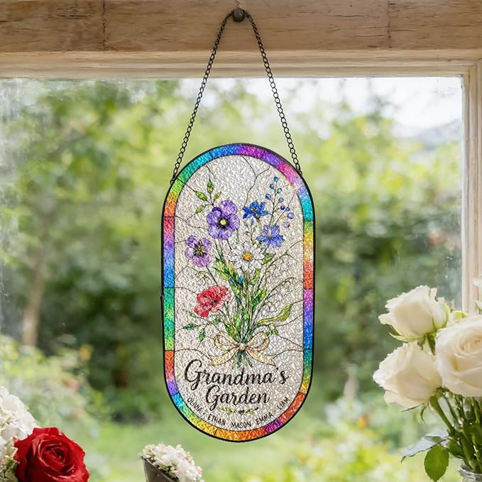 Personalized Mother’s Day Suncatcher Oval – Custom Birth Flower Suncatcher for Mom Grandma – Stained Glass Style Personalized Gift with Kids Names for Mom Nana Grandma