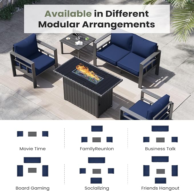 5 Piece Aluminum Patio Furniture Set, Thick Cushions, Aluminum Outdoor Sectional Conversation Set with Coffee Table for Porch, Backyard, Deck(Grey/Navy Blue)