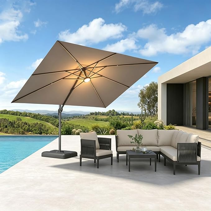 PURPLE LEAF Patio Umbrella 9' X 11.5' Cantilever Umbrella with Central Lights and Base Aluminum Outdoor Umbrellas with 360-degree Rotation & UPF40+ Fabric for Deck Pool Garden Yard, Ash Mocha
