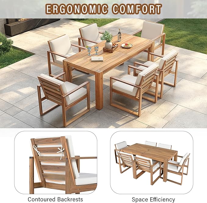 Merax Patio Table and Chairs Set, Outdoor Dining Set for 6 with Umbrella Hole, 7 Piece Outdoor Patio Furniture Set Wood Frame with Removable Cushion for Garden, Backyard, Lawn, and Poolside