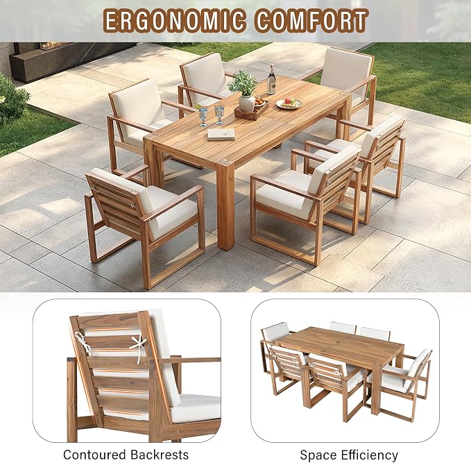 7 Piece Patio Dining Table Set with Umbrella Hole, Outdoor Acacia Wood Furniture Set with Removable Cushion for Garden, Backyard, Lawn, Poolside (Beige,Light Teak)
