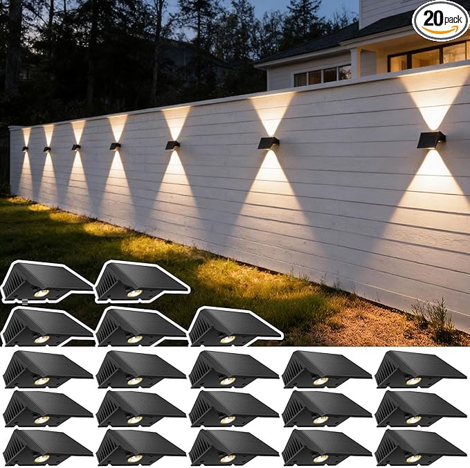 Solar Fence Lights Outdoor, 20 Pack Warm White Up and Down Solar Wall Lights, IP67 Waterproof LED Dusk to Dawn Solar Powered Fence Lights for Patio, Backyard, Deck, Garden, Yard, Outdoor Wall Decor