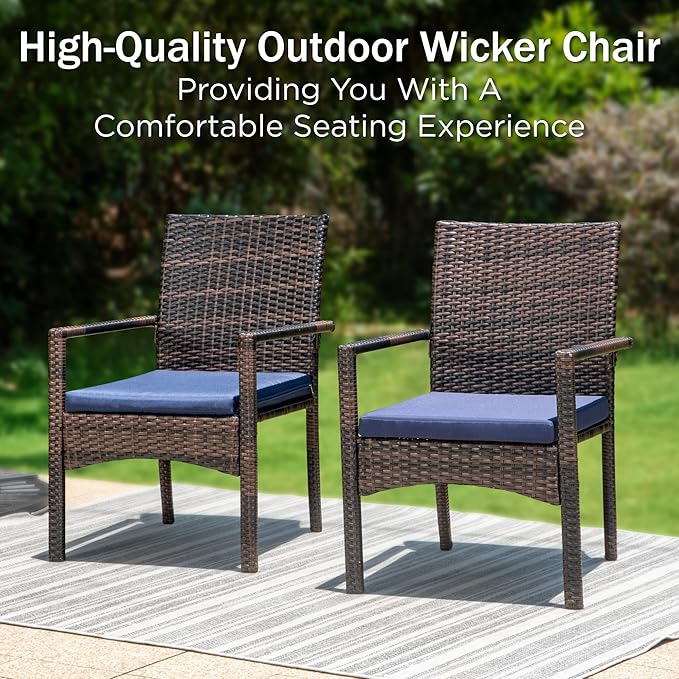PHI VILLA 7 Piece Patio Dining Set for 6, Outdoor Slatted Metal Dining Table with Umbrella Hole & Cushioned Wicker Chairs for Patio, Deck, Yard, Porch
