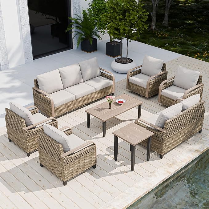 COOS BAY Modern Wicker Outdoor Furniture Set, 8 Piece Patio Conversation Set with 2 Swivel Rockers, 2 Patio Chairs, a 3 Seat Couch, a Loveseat, Coffee Table and Side Table, 8 Piece, Brown/Gray