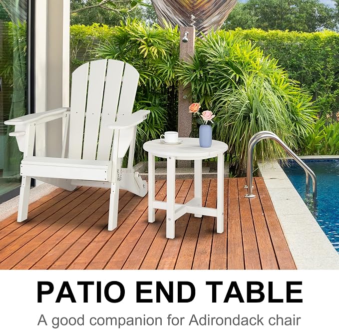 18" HDPE Adirondack Weather Resistant Square Side Table for Patio, Backyard, Pool, Indoor, Beach Use, Easy Maintenance (Round, White)