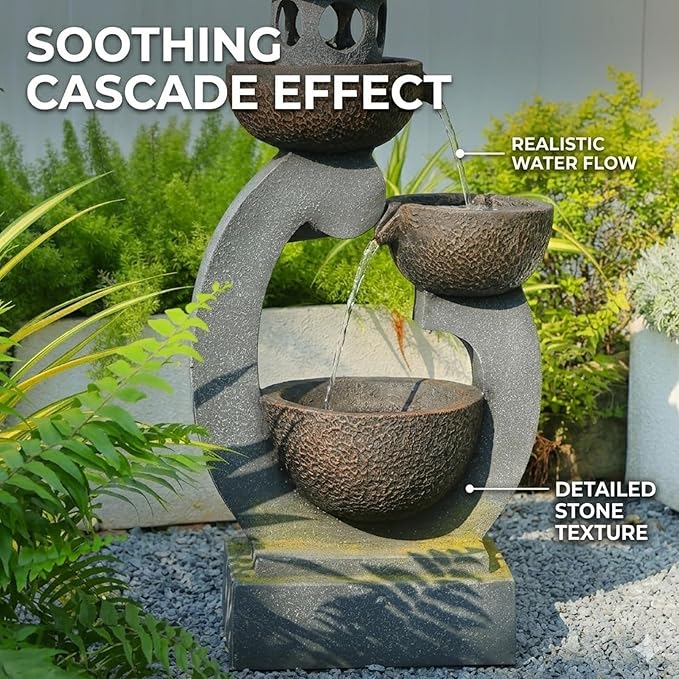 Tankana 35.5" H Water Fountain Outdoor Garden 3-Tier Cascading Bowl Japanese Fountain Waterfall with LED Light Japanese Garden Style for Patio Yard Balcony Zen Home Decor, Bronze Finish
