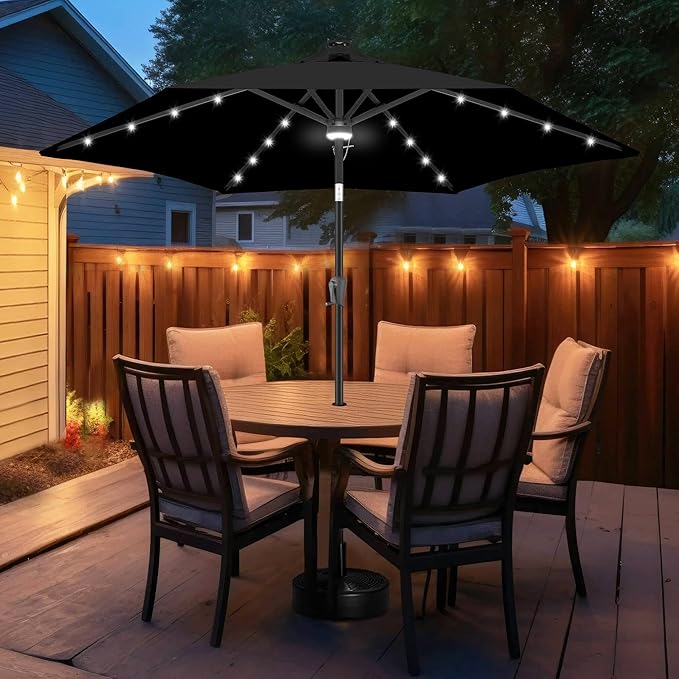 FLAME&SHADE 10ft Solar Outdoor Umbrella - 24 LED Lighted Patio Umbrella with Centre Surround Light, Table Umbrellas with Tilt & Crank for Pool, Porch, Garden, Deck, Backyard UV Protection (Black)