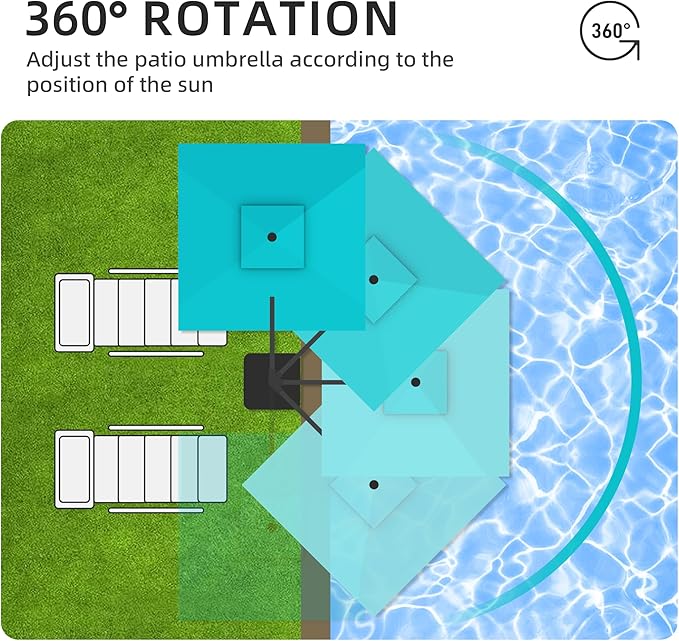 JZAC & QZYD 9x9 FT Outdoor Cantilever Patio Umbrella with Solar LED Lights, Large Heavy Duty 2-Tier Canopy Square Aluminum Offset Umbrellas with 360-Degree Rotation for Pool Deck Backyard, Turquoise