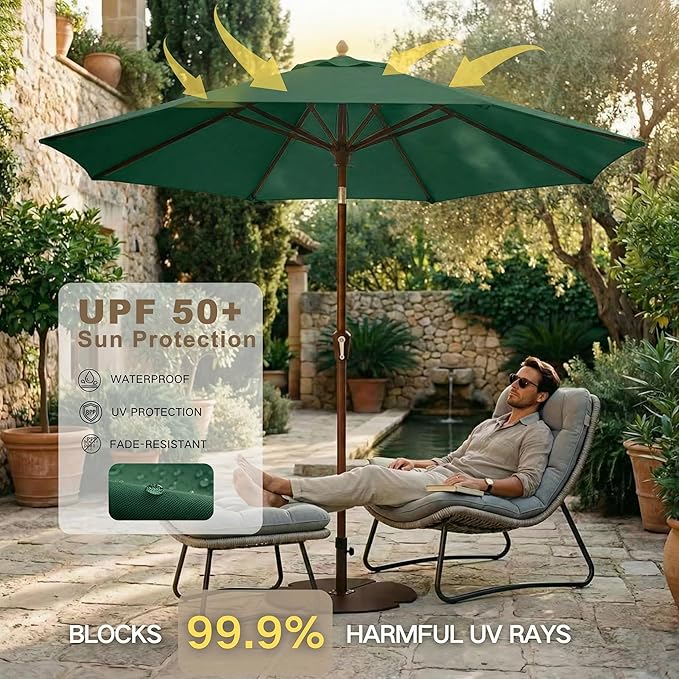Kingdura 10FT Outdoor Patio Umbrella, Market Table Umbrella with Push Button Tilt and Crank, 8 Sturdy Fiberglass Ribs, UV Protection for Pool, Lawn, Deck, Backyard, Garden (Dark green)