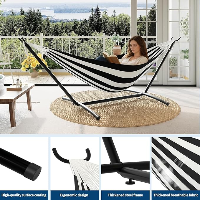 TrailBlaze Double Hammock with Stand, Heavy Duty Portable Steel Hammock Set for Outdoor and Indoor Use, 500lb Capacity, Includes Carrying Bag, Space Saving Design,Quick Assembly