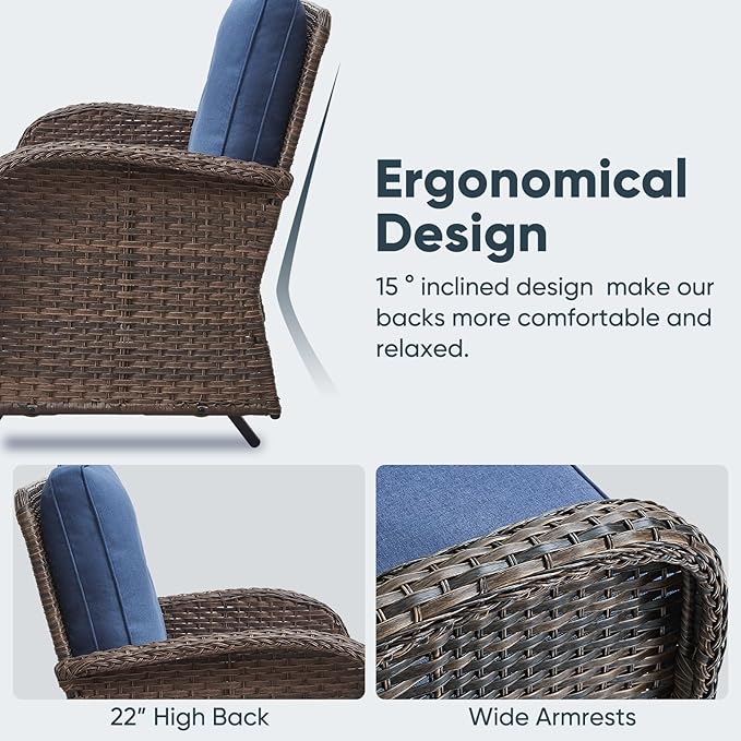 Belord 5 Piece Outdoor Conversation Patio Furniture Set - All-Weather Wicker Patio Rocking Chairs with Loveseat Glider Chair and Coffee Table for Patio Deck Porch Backyard Blue Cushion
