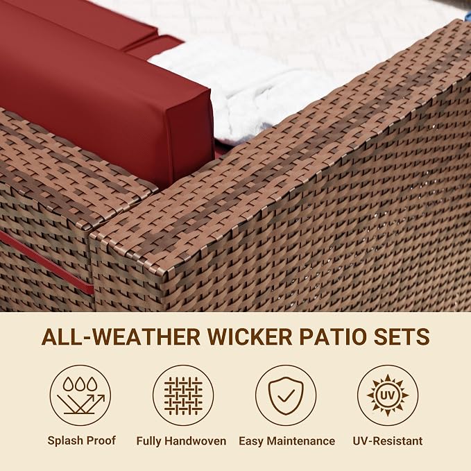 Patio Furniture Set with 44'' Propane Gas Firepit Table, 10 PCS Modular Outdoor Sectional Conversation Sets, All-Weather Wicker Patio Set for Backyard, Wine (Waterproof Covers Included)