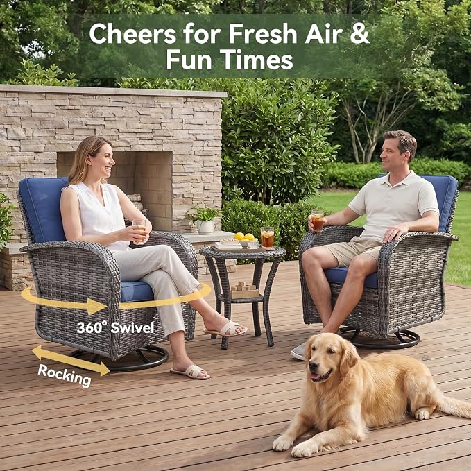 Aoxun 10-Piece Patio Furniture Set with 44” Fire Pit Table, Widen Armrests Wicker Rattan Outdoor Sectional Sofa with Swivel Chairs, Outdoor Patio Furniture Set with Thick Cushions & Ottoman, Blue
