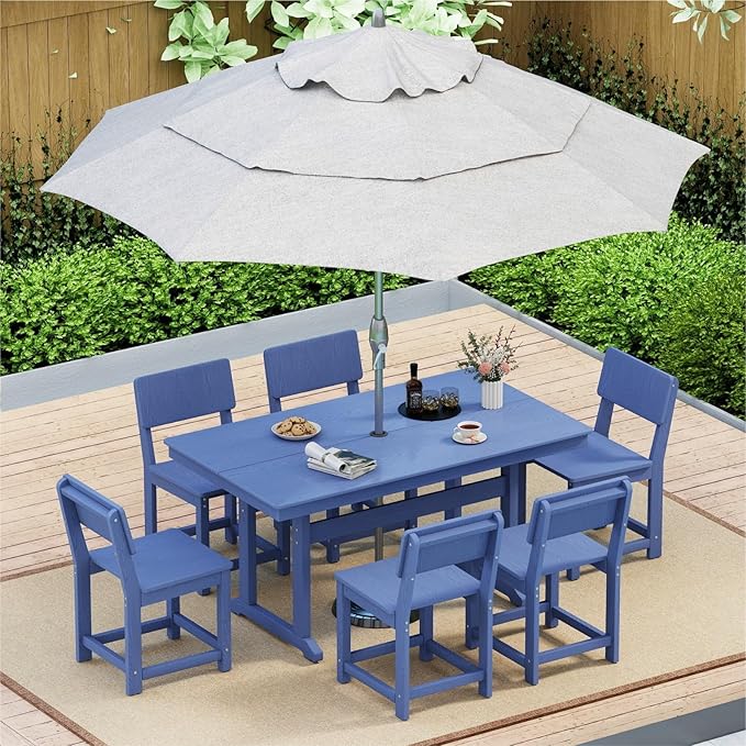 7-Piece HDPE Outdoor Patio Dining Set,Modern Plastic Dining Sets，Patio Table and Chairs Set with Umbrella Hole Cut-Out Table and 6 Chairs Navy
