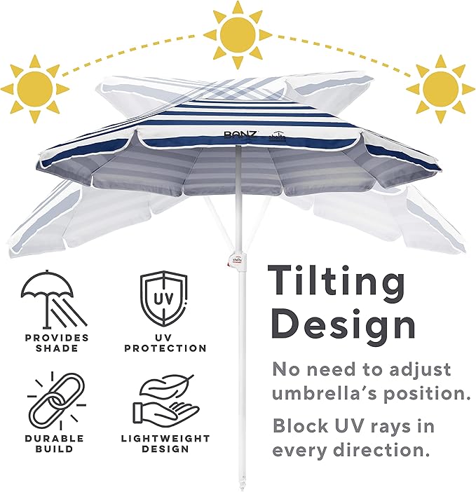 BANZ Cabana Beach Umbrella UPF 50 - UV Protection Foil-Lined Portable Outdoor Umbrella for Sand with Screw-in Base & Tilt Pole - Lightweight Beach Shade & Patio Umbrella with Bag