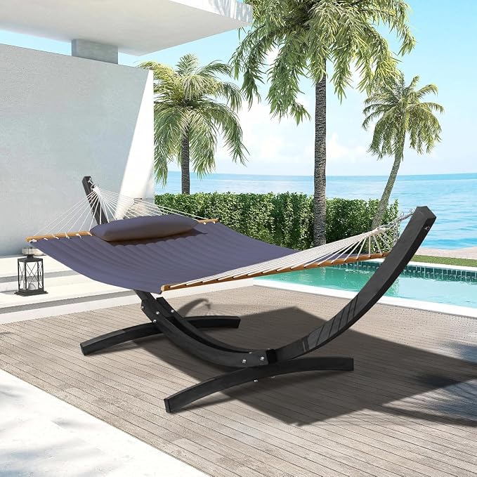 Lazy Daze Hammocks 12 FT 2 Person Double Quilted Hammock with Black Curved Steel Heavy Duty Stand and Pillow for Outside, Backyard, Patio, 450 Lbs Capacity, Dark Grey